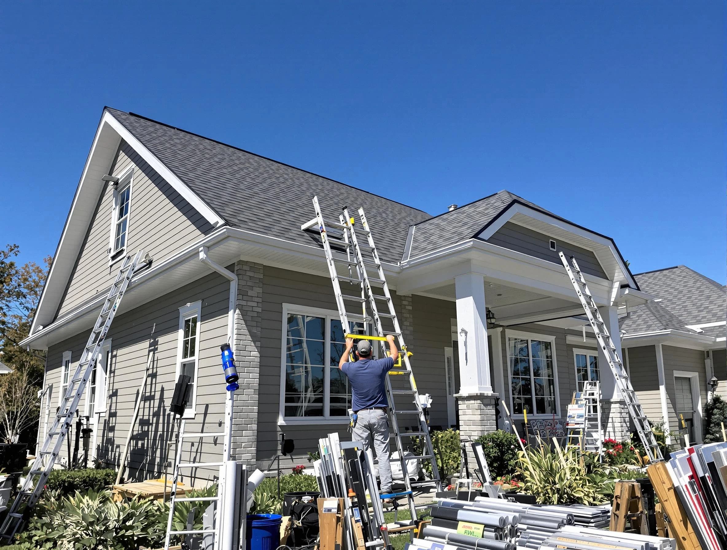 Lorain Roofing Company fitting rain gutters at a home in Lorain, OH